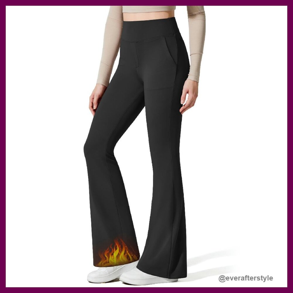 Fleece Lined Flare Yoga Pants High Waist Thermal Leggings With Pockets Chic